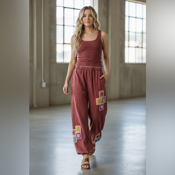 J.Her Pants - J.Her J. Her Mineral Washed Granny Tile Crochet Detailed Jogger Pants